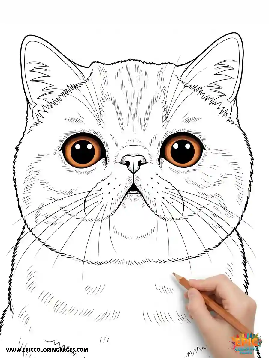 Exotic Shorthair Cat coloring Page with thick lines, featuring a friendly cat illustration designed for simple, relaxing coloring