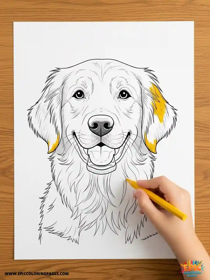 Golden Retriever coloring Page featuring a happy dog sitting in the grass drawn with clear thick lines