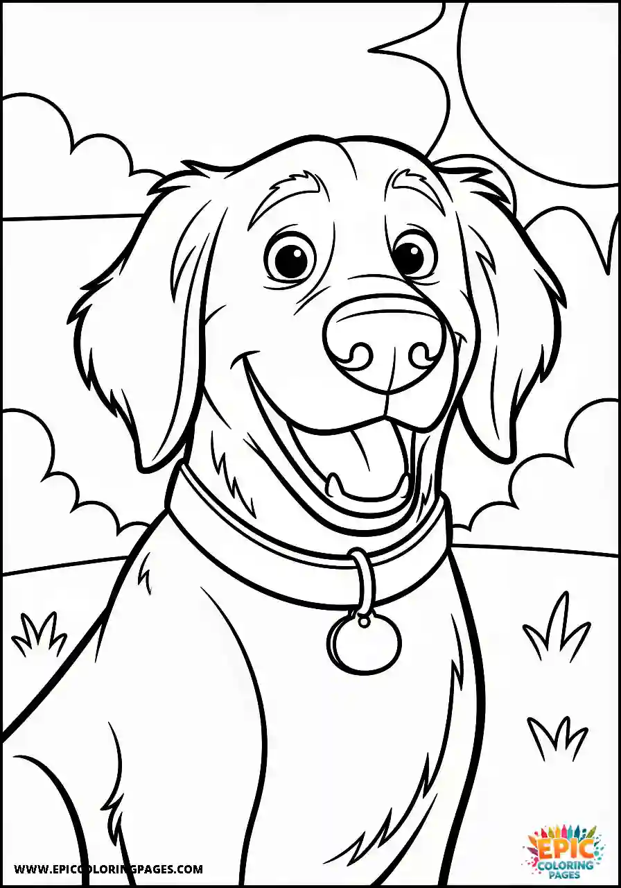 Golden Retriever dog coloring page wearing a collar with tag and thick lines