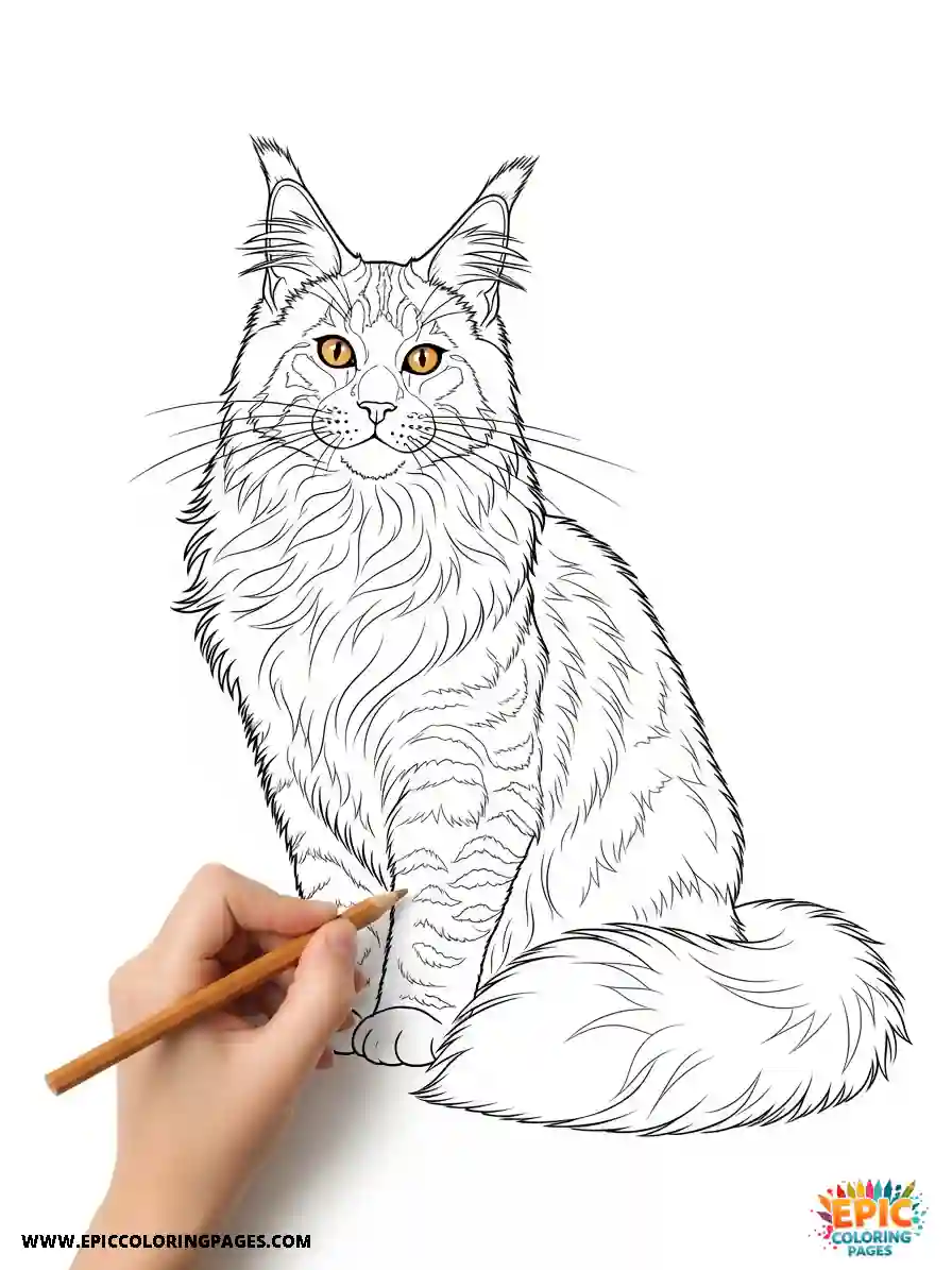 Maine Coon Cat coloring page showing a majestic long-haired cat with fluffy fur and ear tufts, designed with thick lines ideal for children's coloring activities