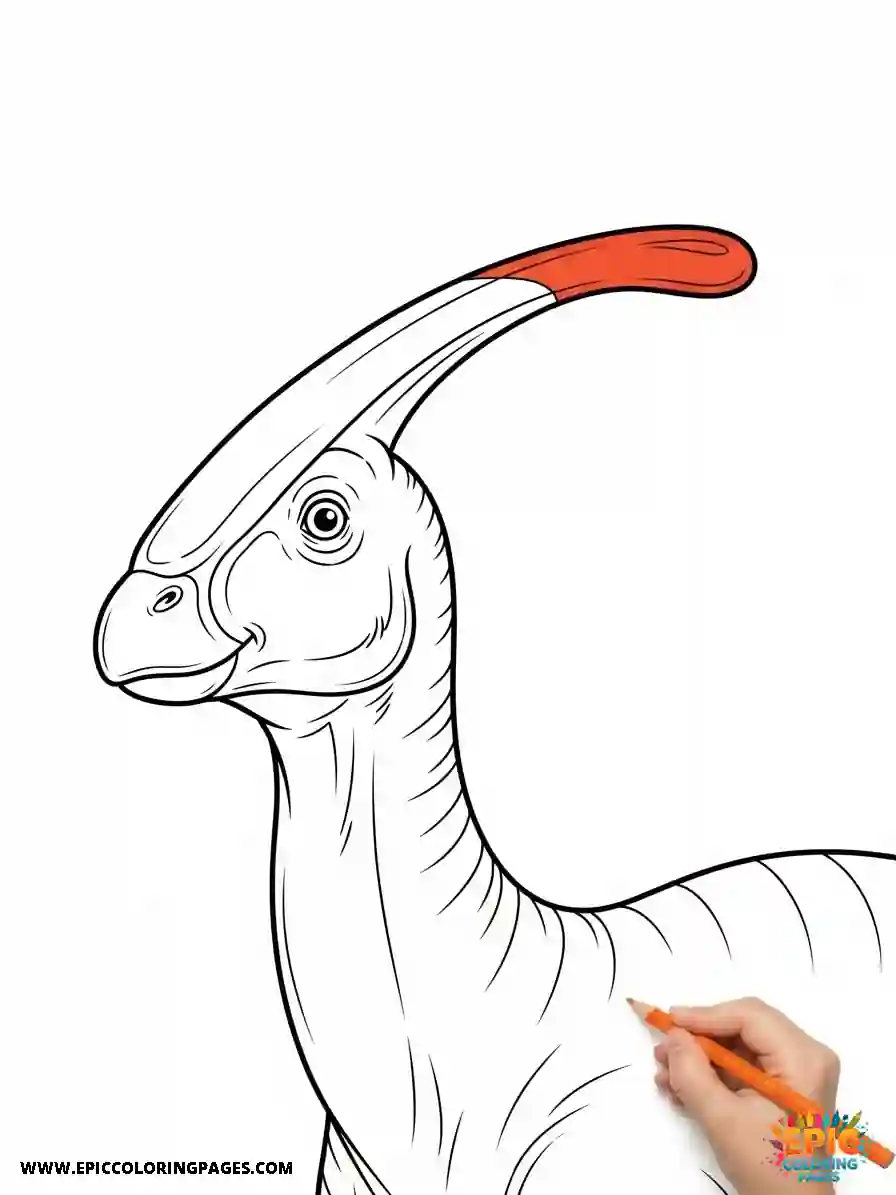 Parasaurolophus coloring page showing the crested dinosaur with its distinctive curved head crest and duck-like bill, featuring bold outlines for children