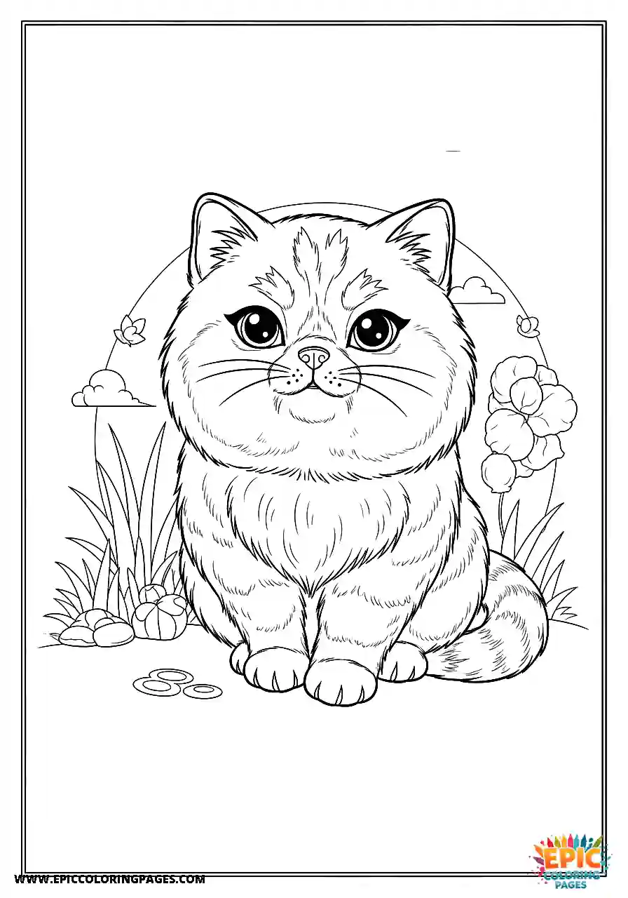 Persian Persian cat cartoon style coloring page with clear thick lines