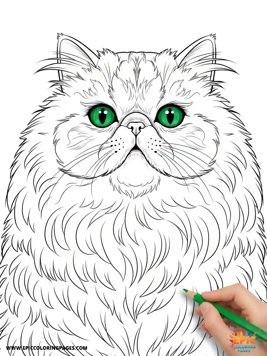 Persian Cat coloring Page with thick lines, featuring a cute fluffy cat illustration designed for simple, enjoyable coloring
