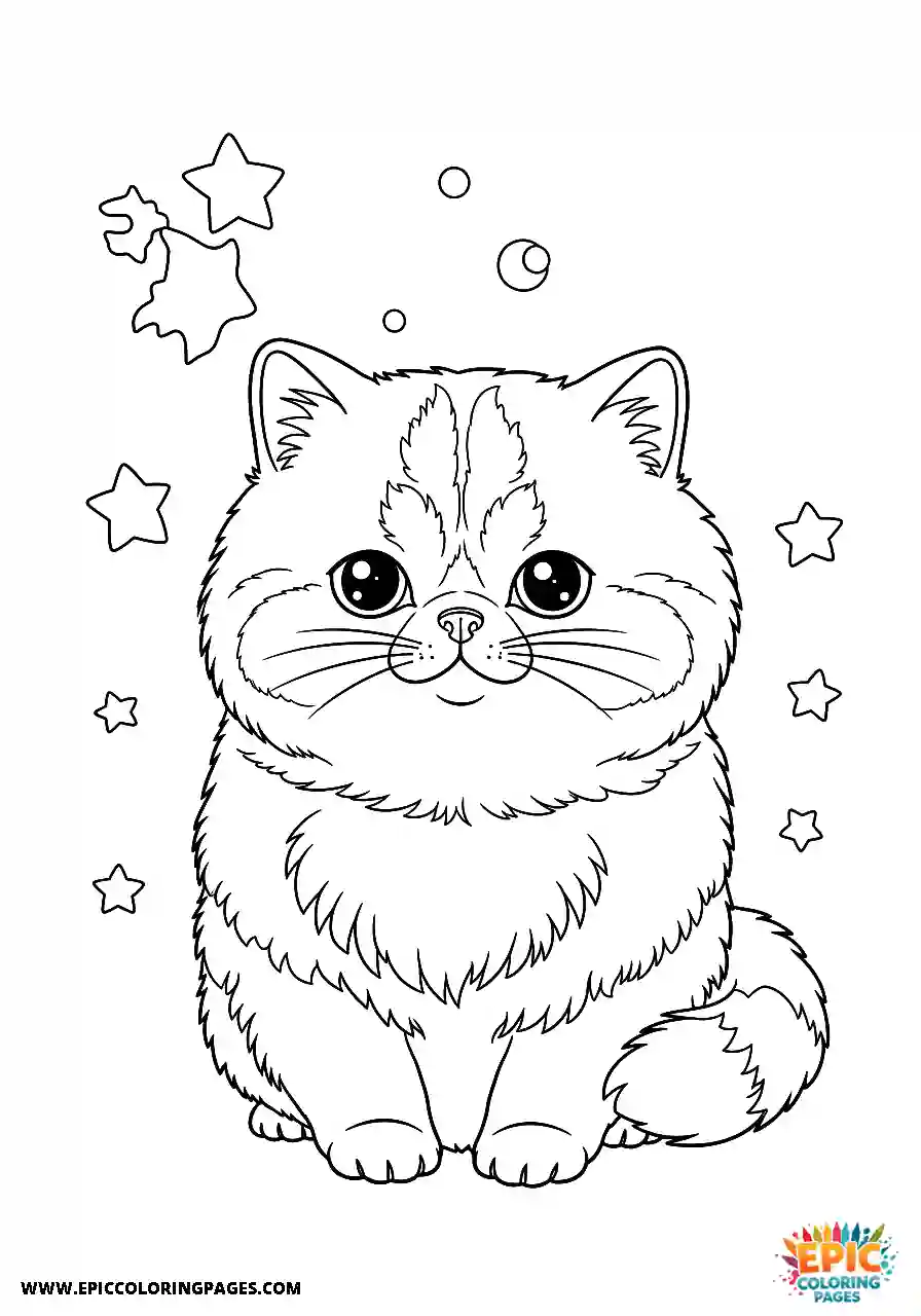 Persian Persian cat Kawaii style coloring page with thick lines