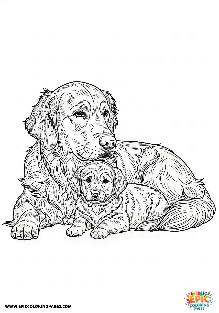 Golden Retriever playful golden retriever puppy protected under its mother realistic style