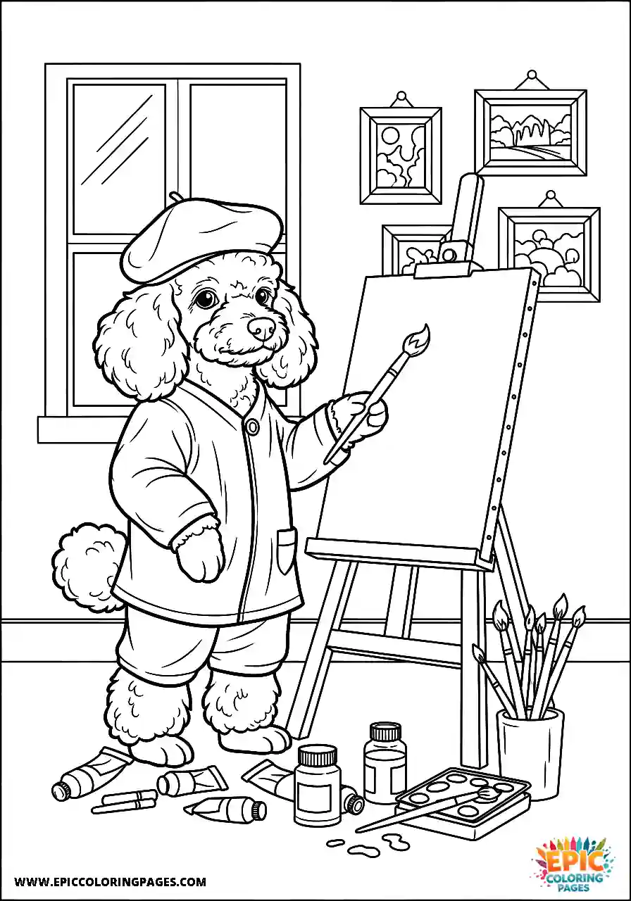 Poodle poodle acting as a painter with a brush