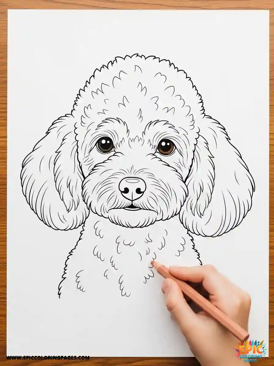 Poodle dog coloring page with thick lines showing a cheerful poodle with fluffy curly fur, round eyes, and a sweet smile, ready for coloring