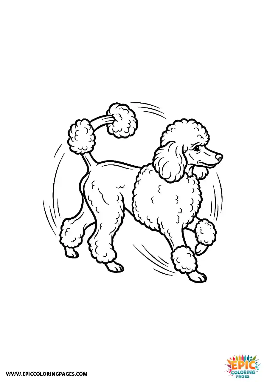 Poodle Dog Running In Circles Chasing Its Tail Realistic Style Realistic Poodle dog coloring sheet running in circles chasing its tail