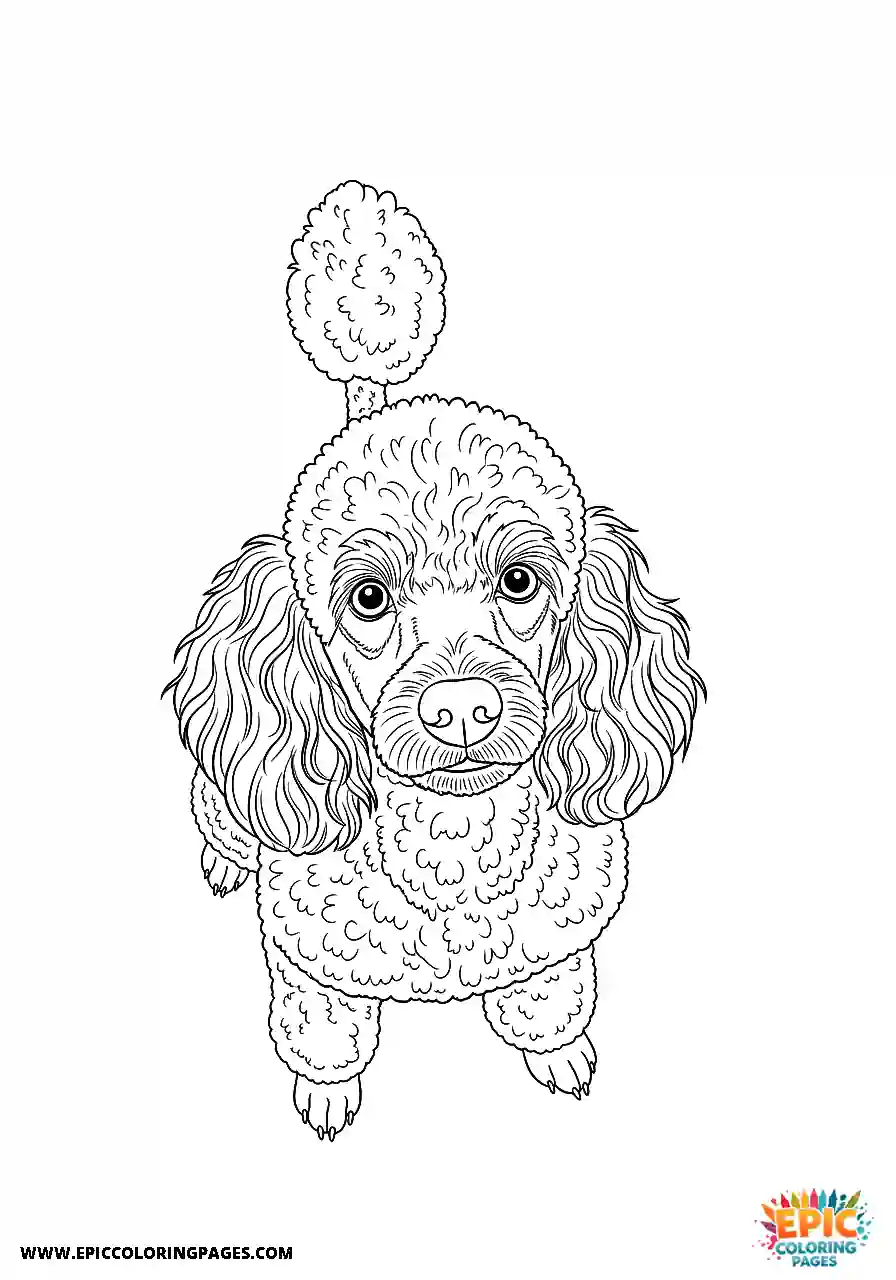 Poodle Dog Seated And Gazing Upward From A High Angle Perspective Realistic Style For Adults Realistic Poodle dog coloring page for adults seated and gazing upward from a high angle perspective