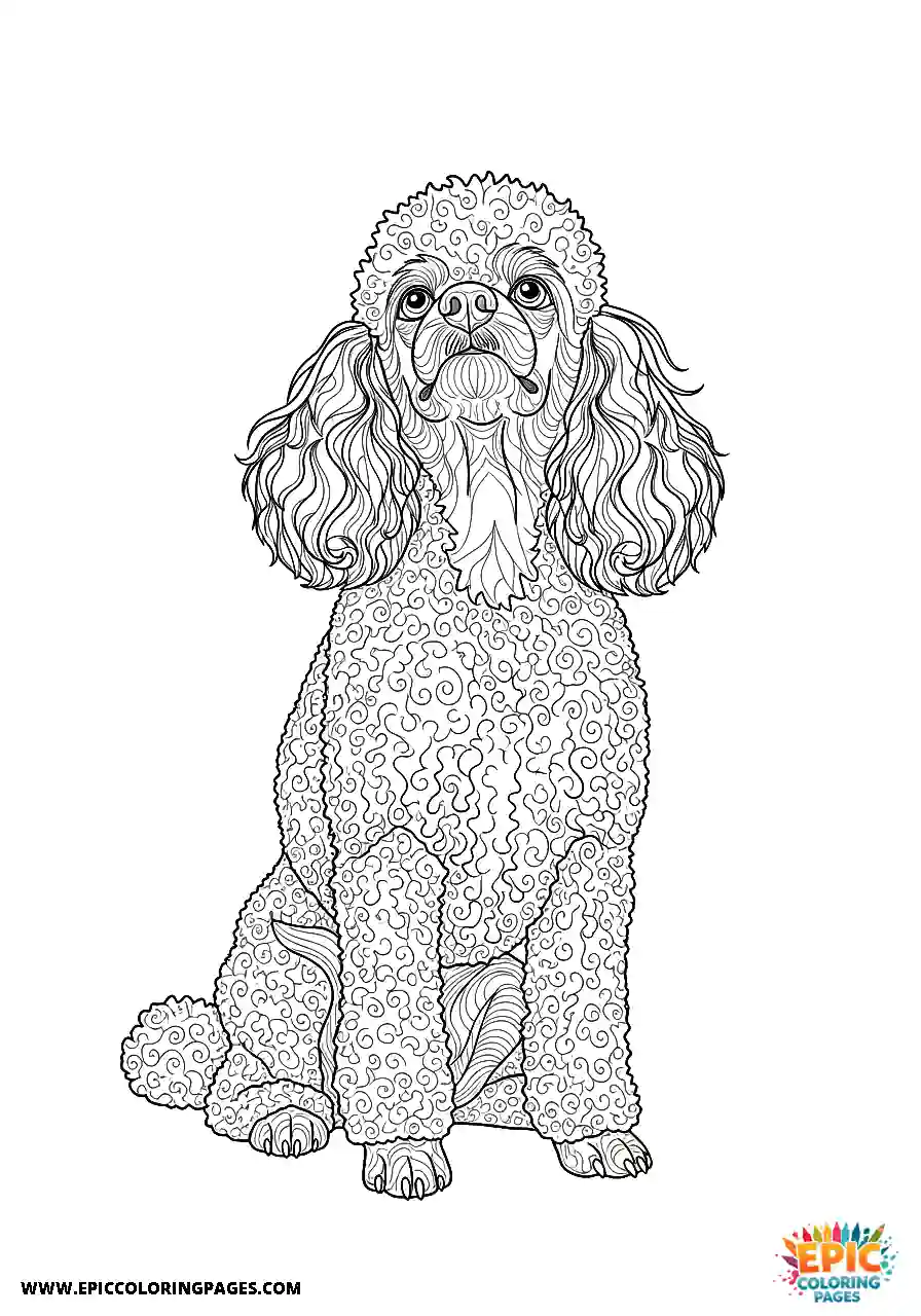 Poodle Dog Sitting And Looking Up Towards Its Owner Realistic Style Realistic Poodle dog coloring sheet sitting and looking up towards its owner