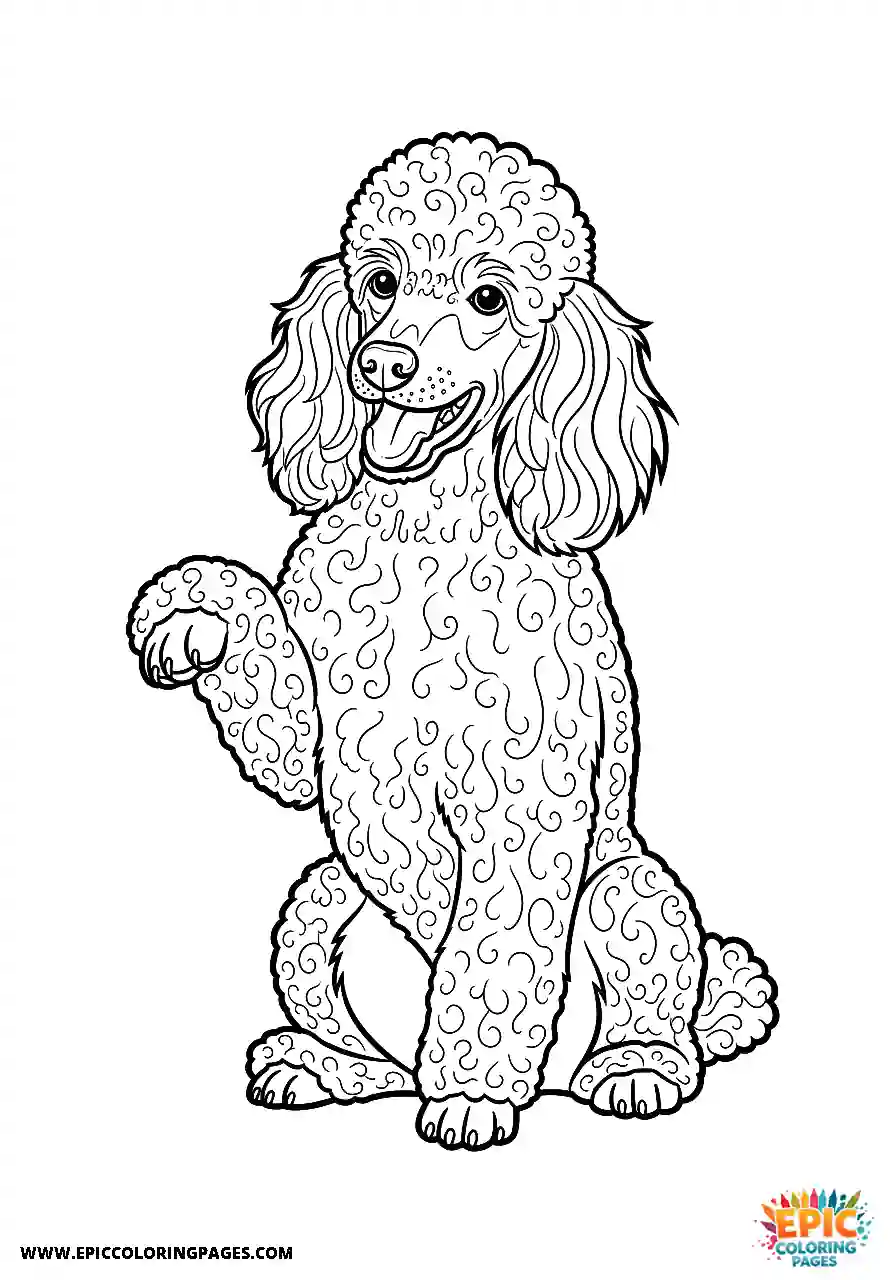 Poodle Dog Sitting And Performing A Paw Shake Realistic Style For Adults Realistic Poodle dog coloring page for adults sitting and performing a paw shake