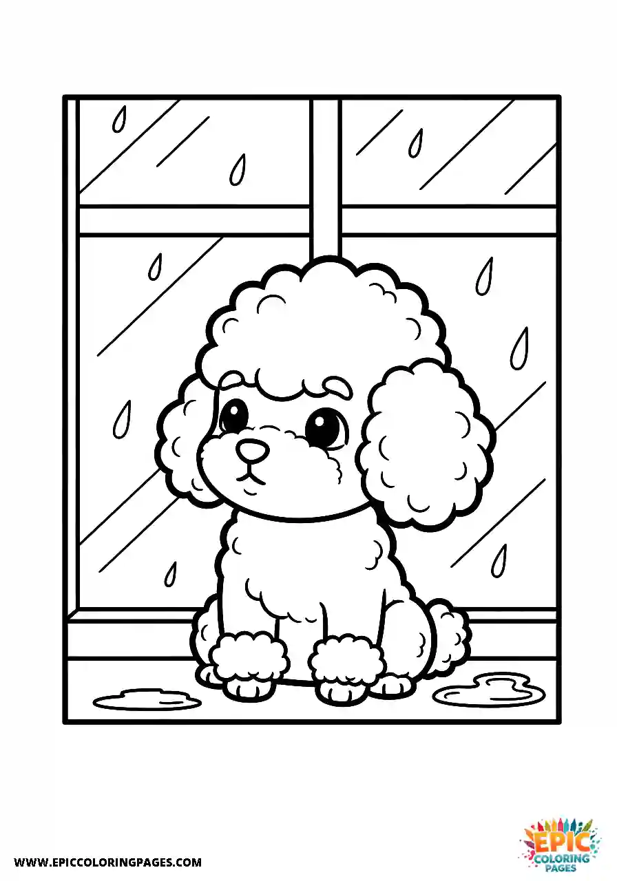Poodle Dog Sitting By The Window Pane During A Storm Chibi Style Thick Lines Chibi Poodle dog coloring page cute sitting by the window pane during a storm with thick lines