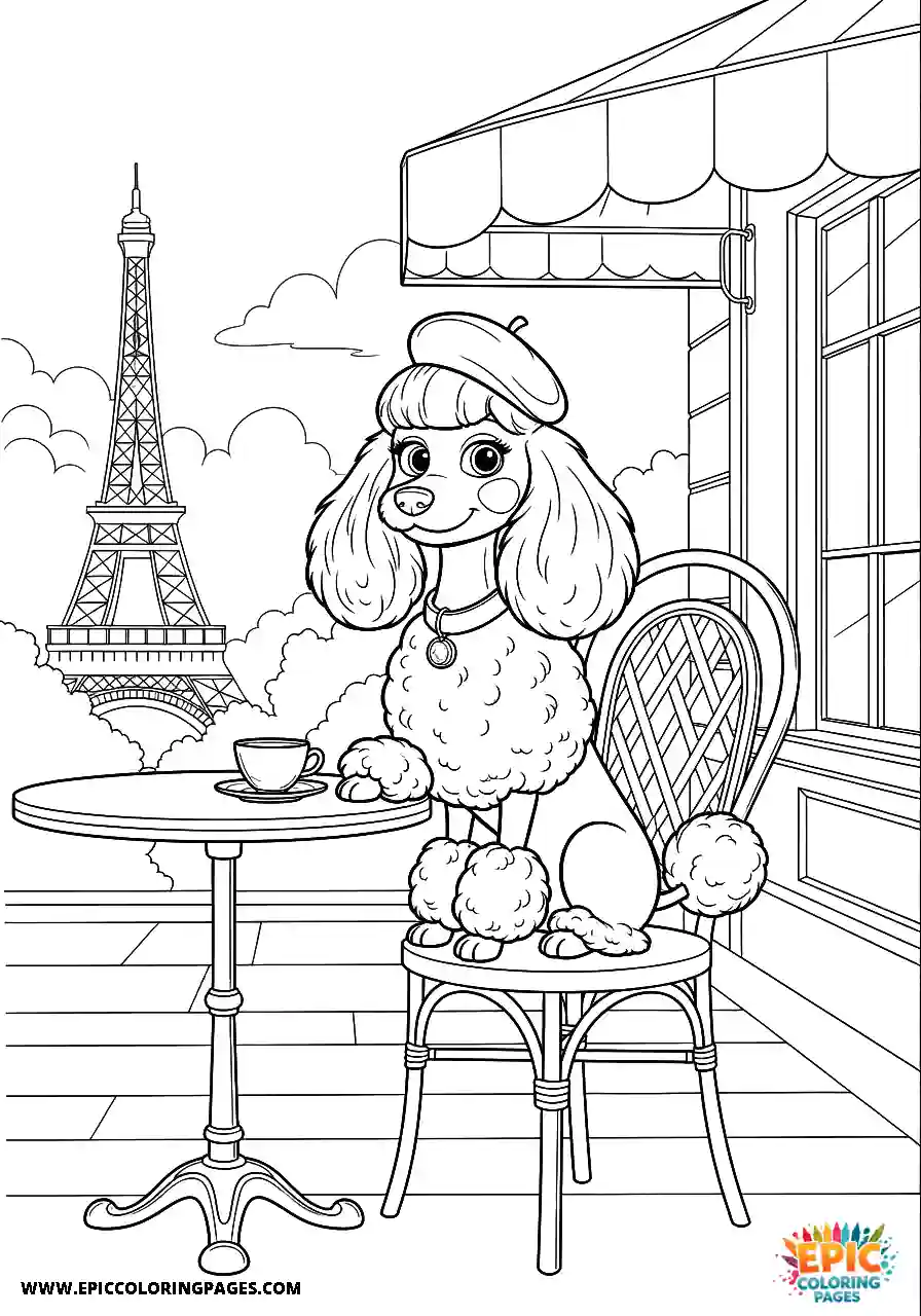 Poodle Dog Sitting Elegantly At A Parisian Cafe Table Cartoon Style For Kids Cartoon Poodle dog coloring page for kids sitting elegantly at a Parisian cafe table with thick lines