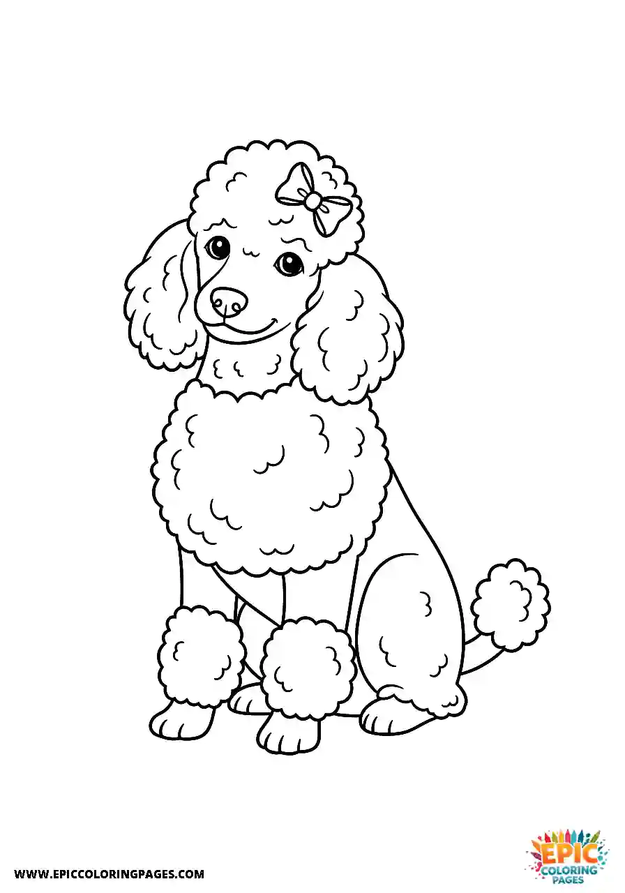 Poodle Dog Sitting Nicely While Wearing A Cute Bow On Its Head Cartoon Style Cartoon Poodle dog coloring sheet for kids sitting nicely while wearing a cute bow on its head