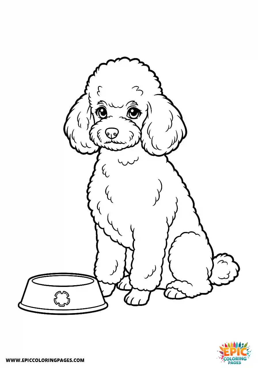 Poodle Dog Sitting Patiently By Its Food Dish Anime Style Thick Lines Anime style Poodle dog coloring page cute sitting patiently by its food dish with thick lines
