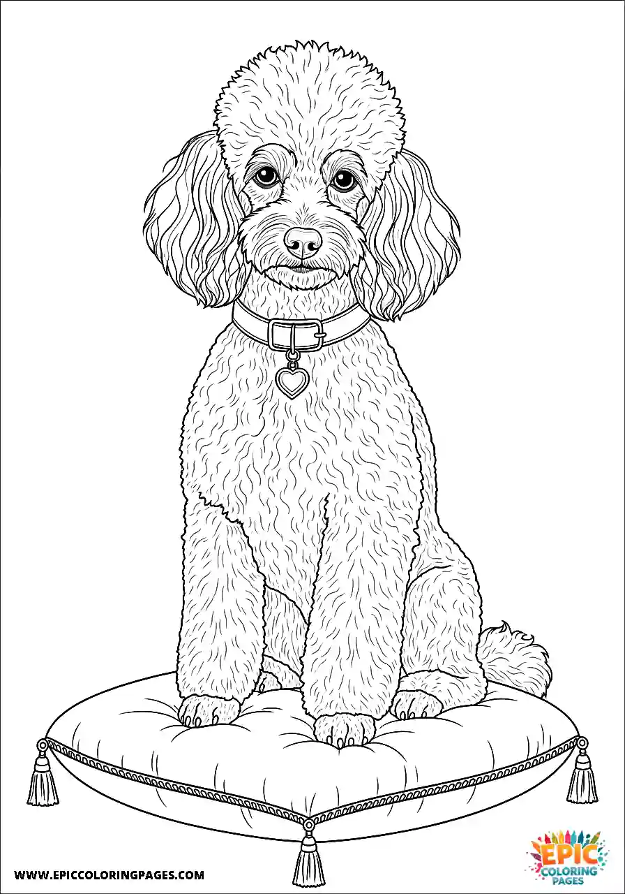 Poodle Dog Sitting Regally On A Fancy Embroidered Cushion Realistic Style Realistic Poodle dog coloring page for adults sitting regally on a fancy embroidered cushion