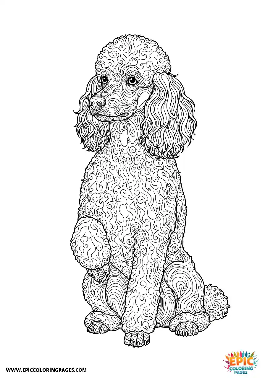 Poodle Dog Sitting With One Paw Slightly Raised Realistic Style Realistic Poodle dog coloring sheet sitting with one paw slightly raised
