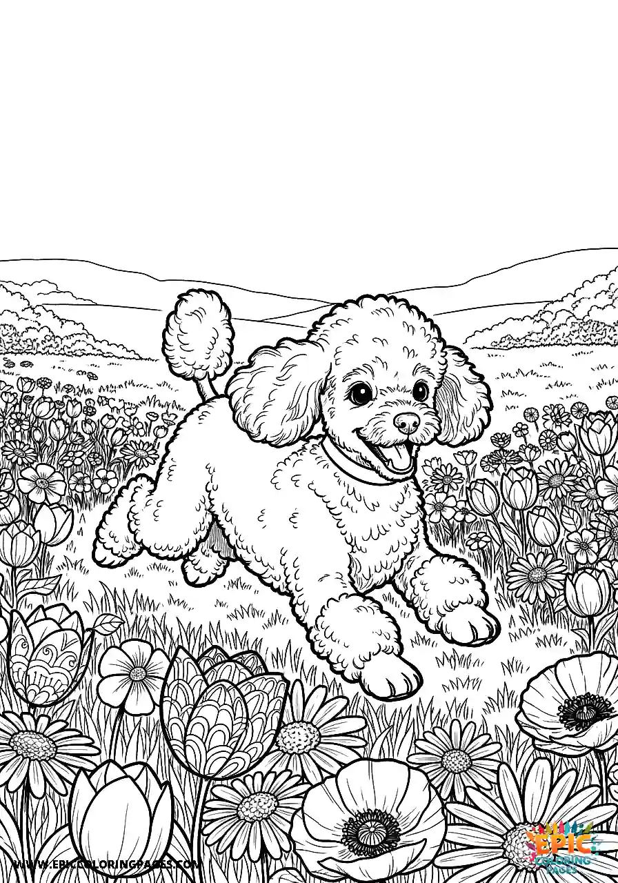 Poodle Dog Sprinting Joyfully Among The Blooms Manga Style Manga style Poodle dog coloring page sprinting joyfully among the blooms with thick lines