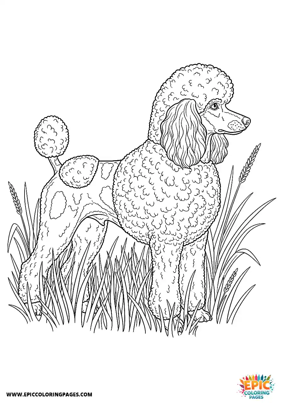 Poodle Dog Standing Amidst Tall Grass In Side Profile Realistic Style Realistic Poodle dog coloring page standing amidst tall grass in side profile
