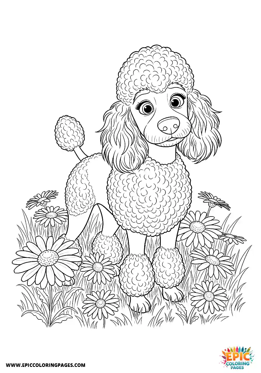 Poodle Dog Standing In A Field Of Daisies Cartoon Style Cartoon Poodle dog coloring sheet cute and simple standing in a field of daisies