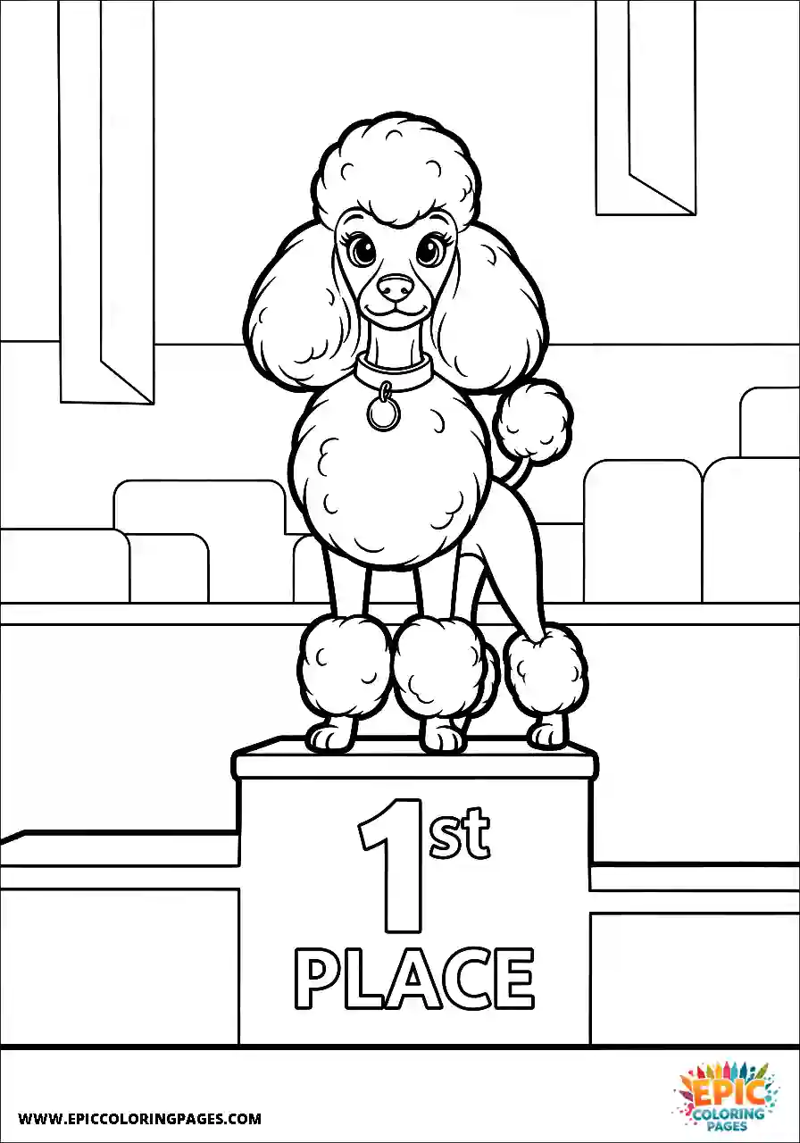 Poodle Dog Standing Proudly On A Winner Podium Cartoon Style Thick Lines Cartoon Poodle dog coloring sheet for kids standing proudly on a winner podium with thick lines