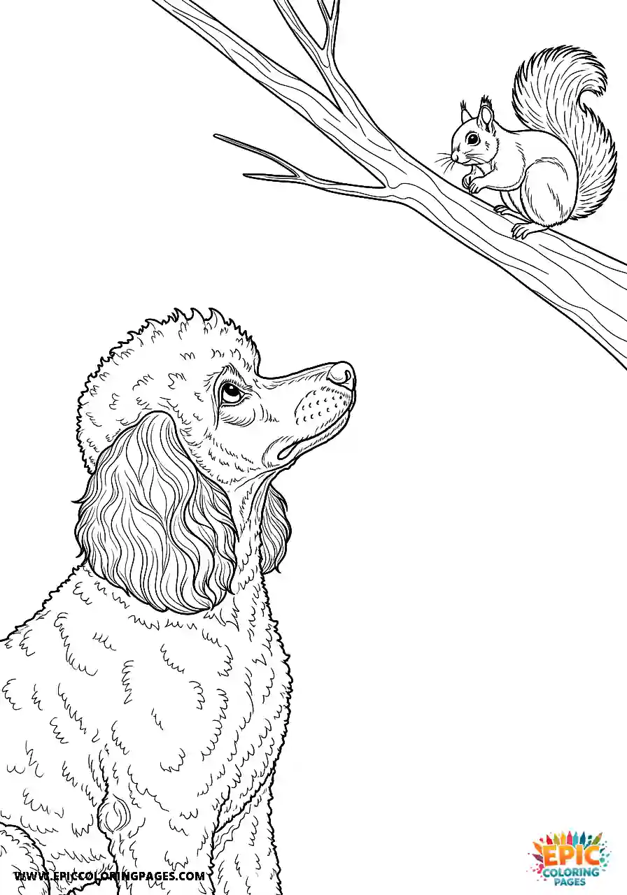 Poodle Dog Staring At A Small Animal In The Distance Realistic Style Realistic Poodle dog coloring sheet for adults staring at a small animal in the distance