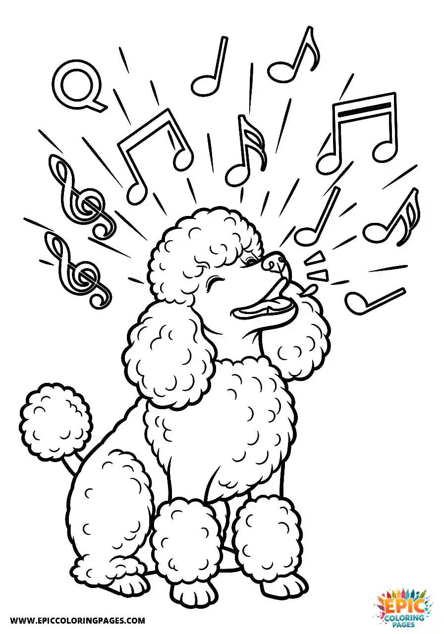 Poodle Dog Surrounded By Floating Musical Notes While Singing Poodle dog coloring page easy surrounded by floating musical notes while singing