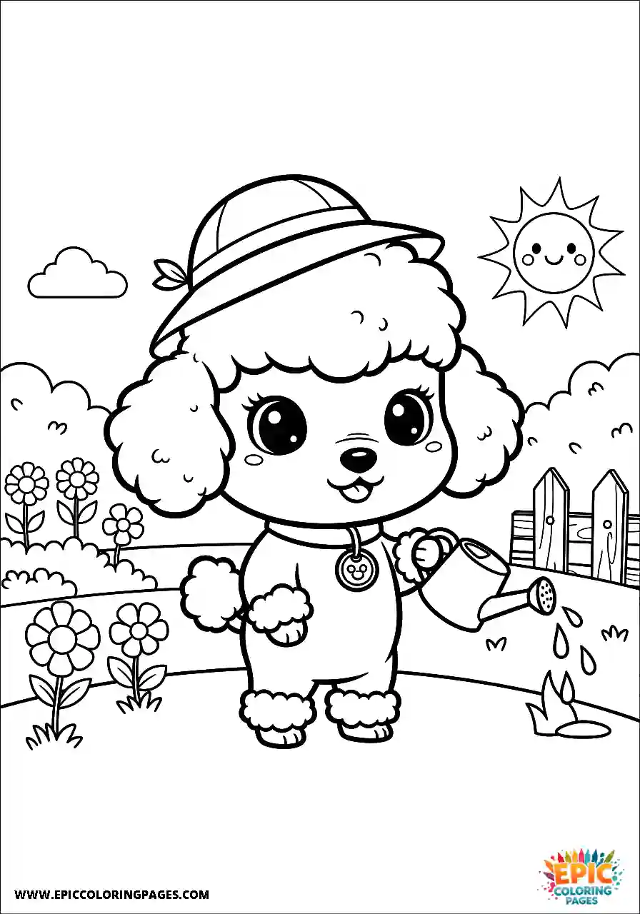 Poodle Dog Tending To Plants With A Water Can Chibi Style Chibi Poodle dog coloring sheet for kids simple tending to plants with a water can