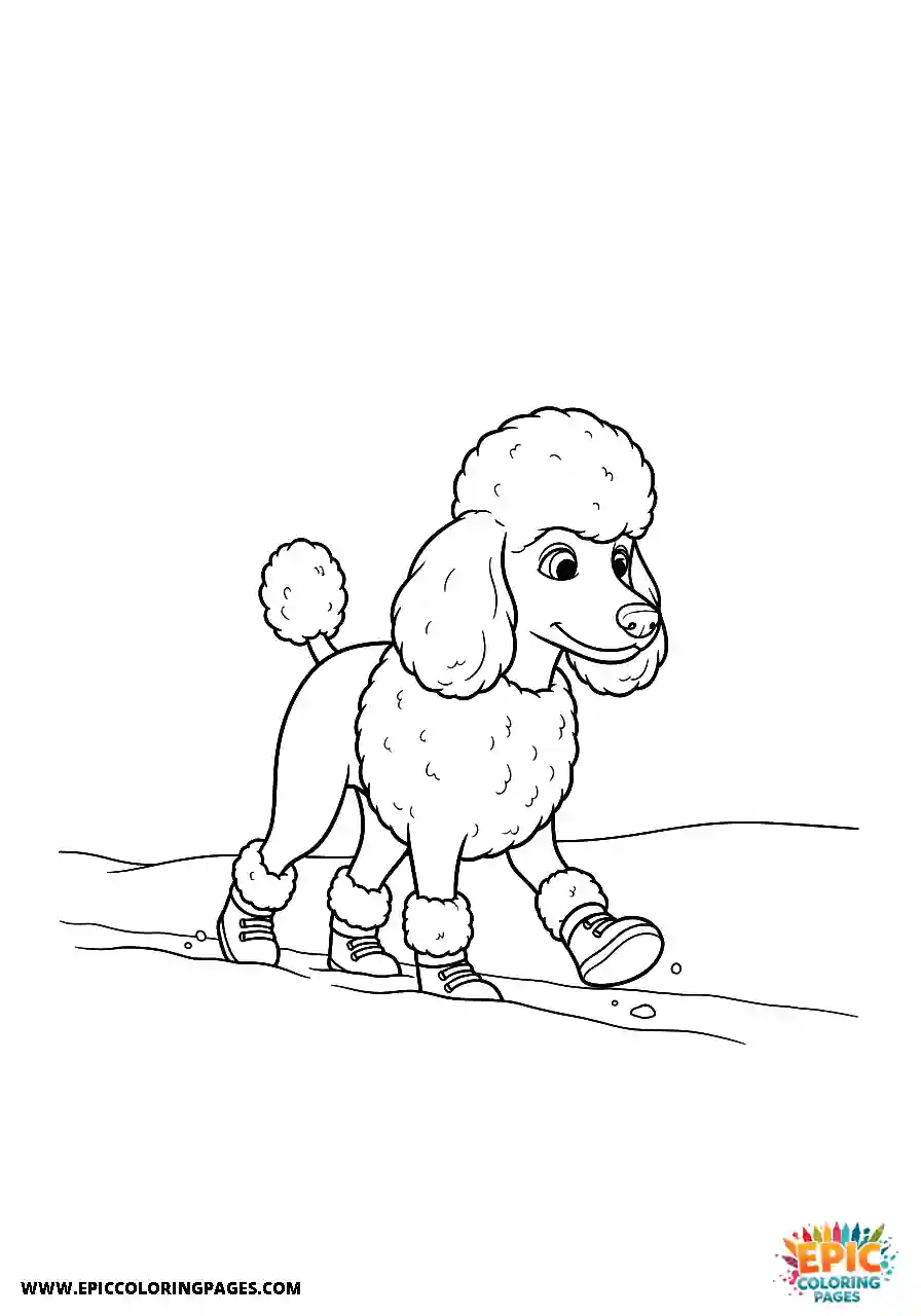 Poodle Dog Walking In The Snow Wearing Boots Cartoon Style Cartoon Poodle dog coloring sheet for kids walking in the snow wearing boots