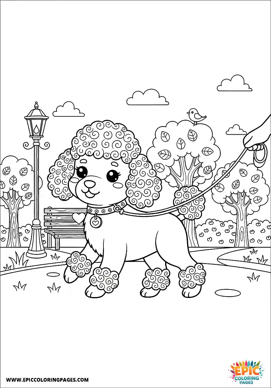 Poodle Dog Walking On A Leash Through A City Park Kawaii Style Kawaii Poodle dog coloring page easy walking on a leash through a city park