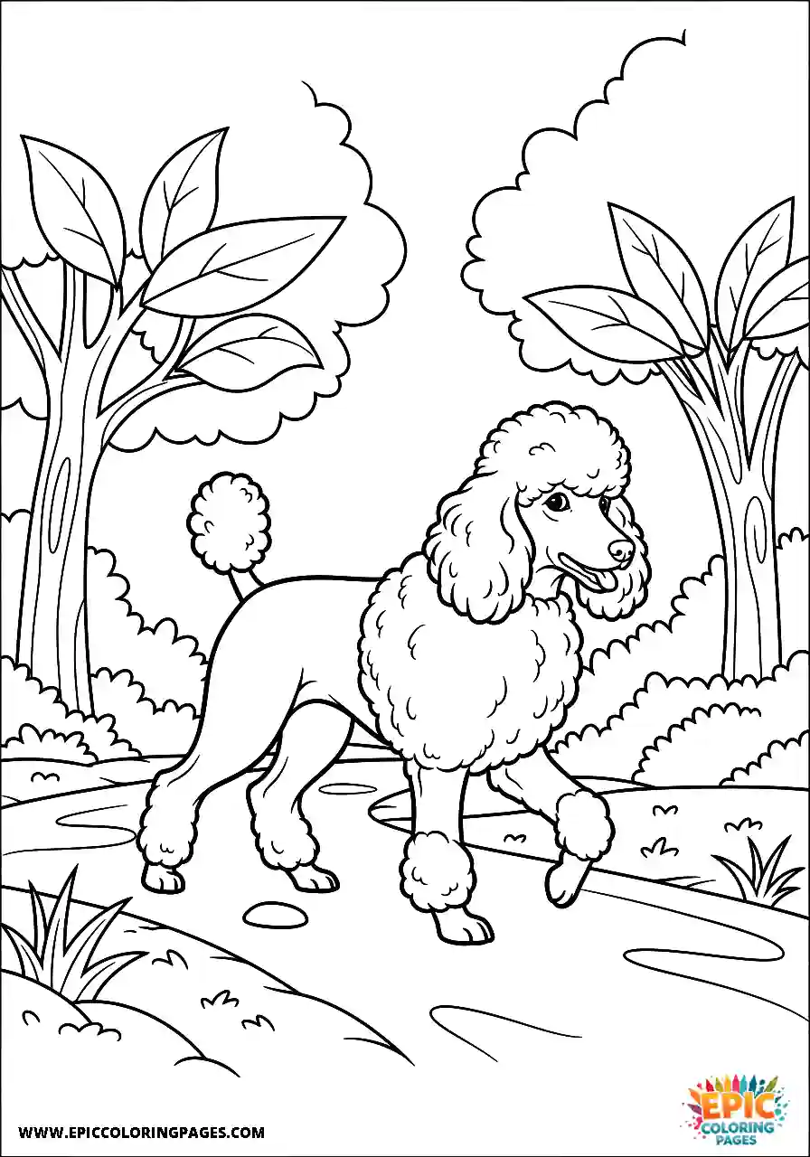 Poodle Dog Walking On A Path In The Woods Realistic Style Realistic Poodle dog coloring sheet for adults walking on a path in the woods