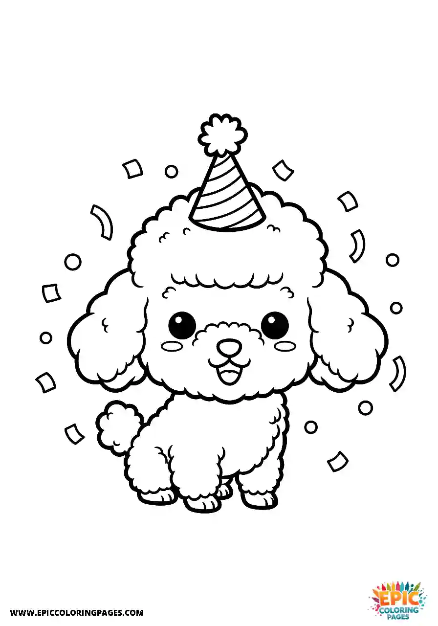 Poodle Dog Wearing A Festive Party Hat Surrounded By Confetti Chibi Style Chibi Poodle dog coloring sheet for kids wearing a festive party hat surrounded by confetti with thick lines