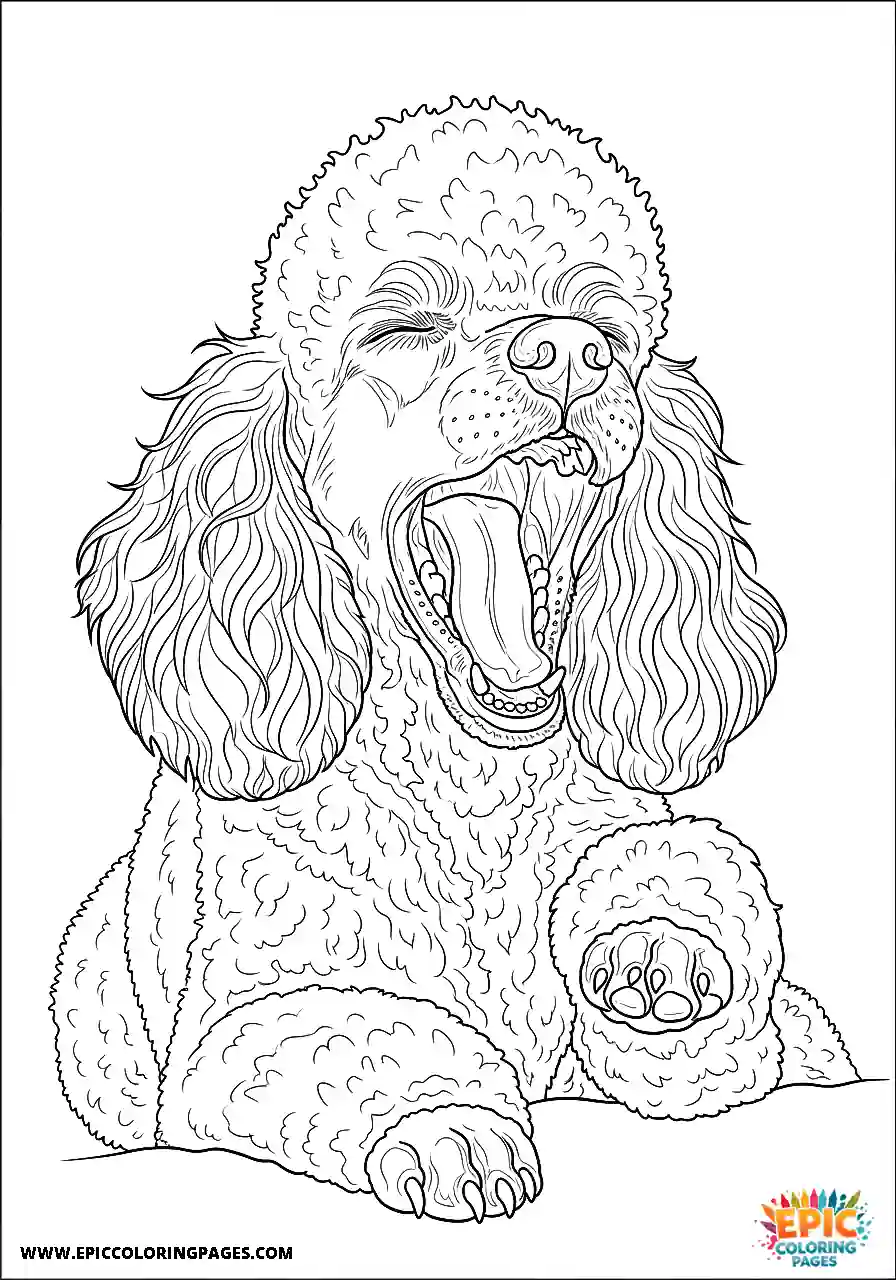 Poodle Dog With Its Mouth Wide Open In A Big Yawn Realistic Style Realistic Poodle dog coloring page for adults with its mouth wide open in a big yawn