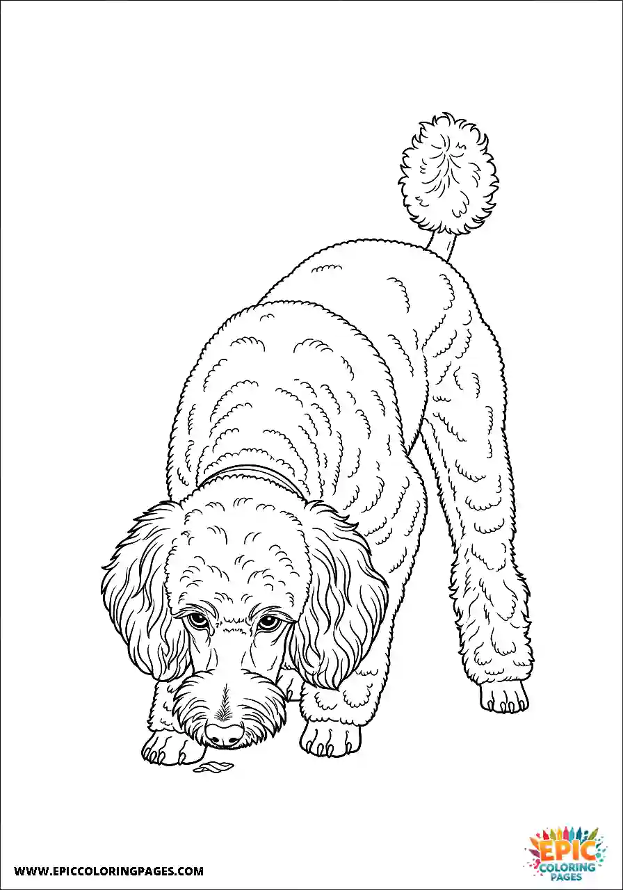 Poodle Dog With Its Nose To The Ground Exploring A Scent Realistic Style Realistic Poodle dog coloring sheet with its nose to the ground exploring a scent