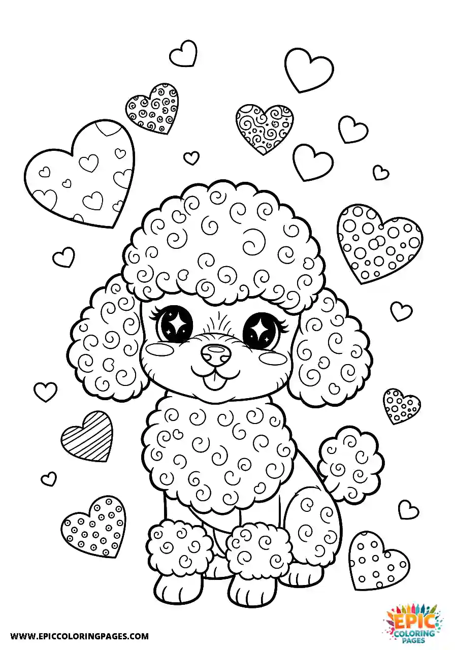 Poodle Dog With Many Hearts Floating Around It Kawaii Style Kawaii Poodle dog coloring page cute and simple with many hearts floating around it