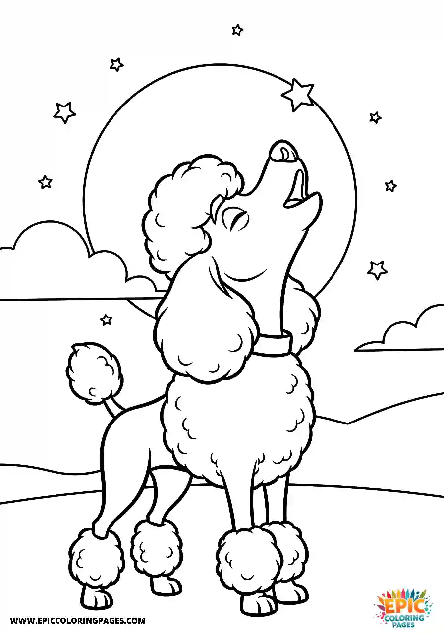 Poodle poodle looking at the moon and howling cartoon style