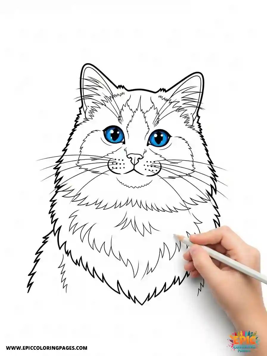 Ragdoll Cat coloring page showing a fluffy feline with bright blue eyes and soft fur, featuring thick lines ideal for children and beginners