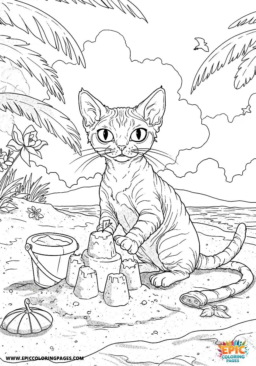 Devon Rex A realistic devon rex cat constructing a sandcastle on the beach