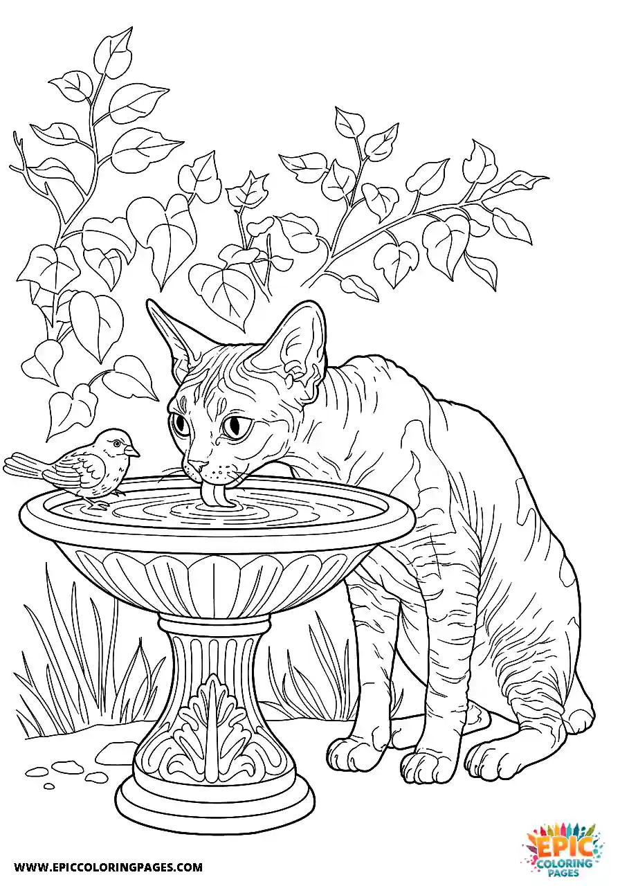 Devon Rex Realistic devon rex cat drinking from a birdbath