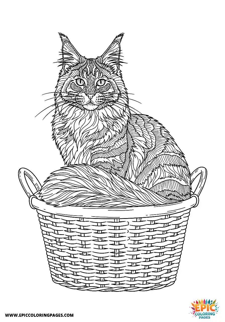 Realistic style maine Coon resting in a laundry basket