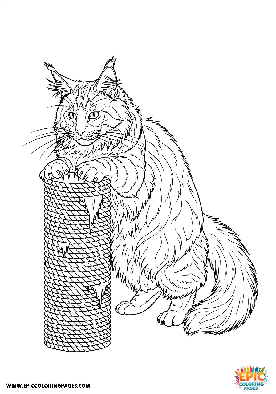 Realistic style maine Coon sharpening claws on a scratching post