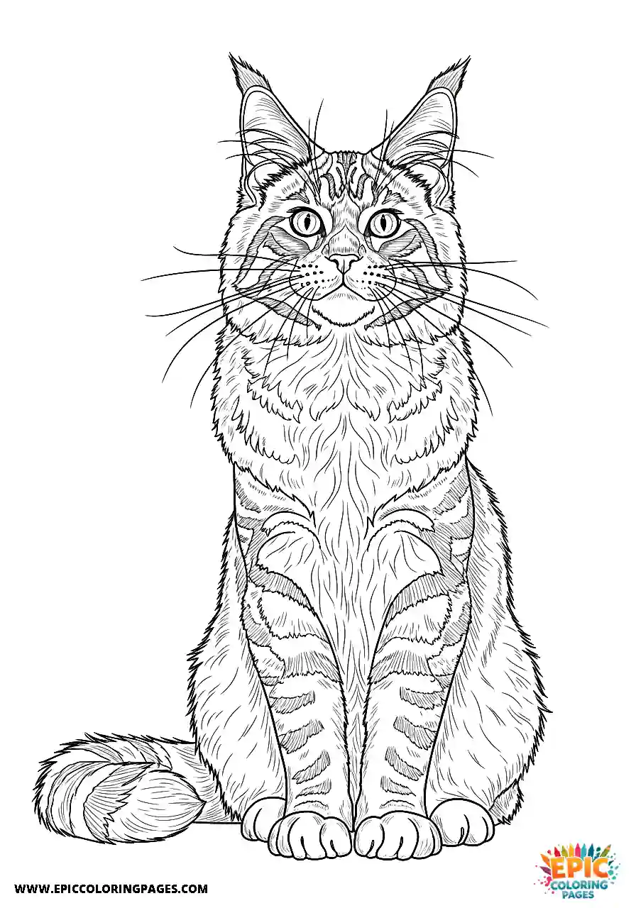 Maine Coon sitting upright and alert in realistic style