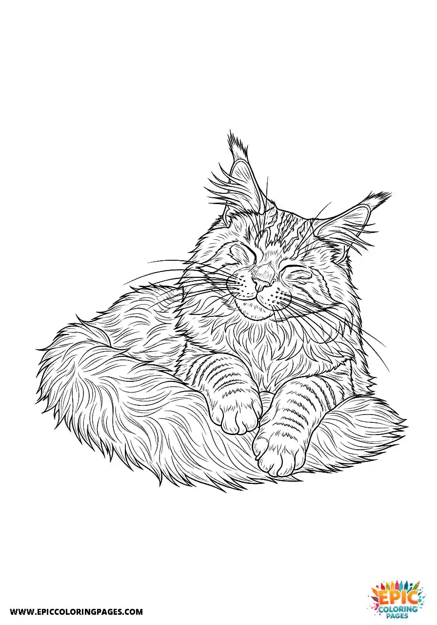 Maine Coon sleeping belly up and relaxed in realistic style