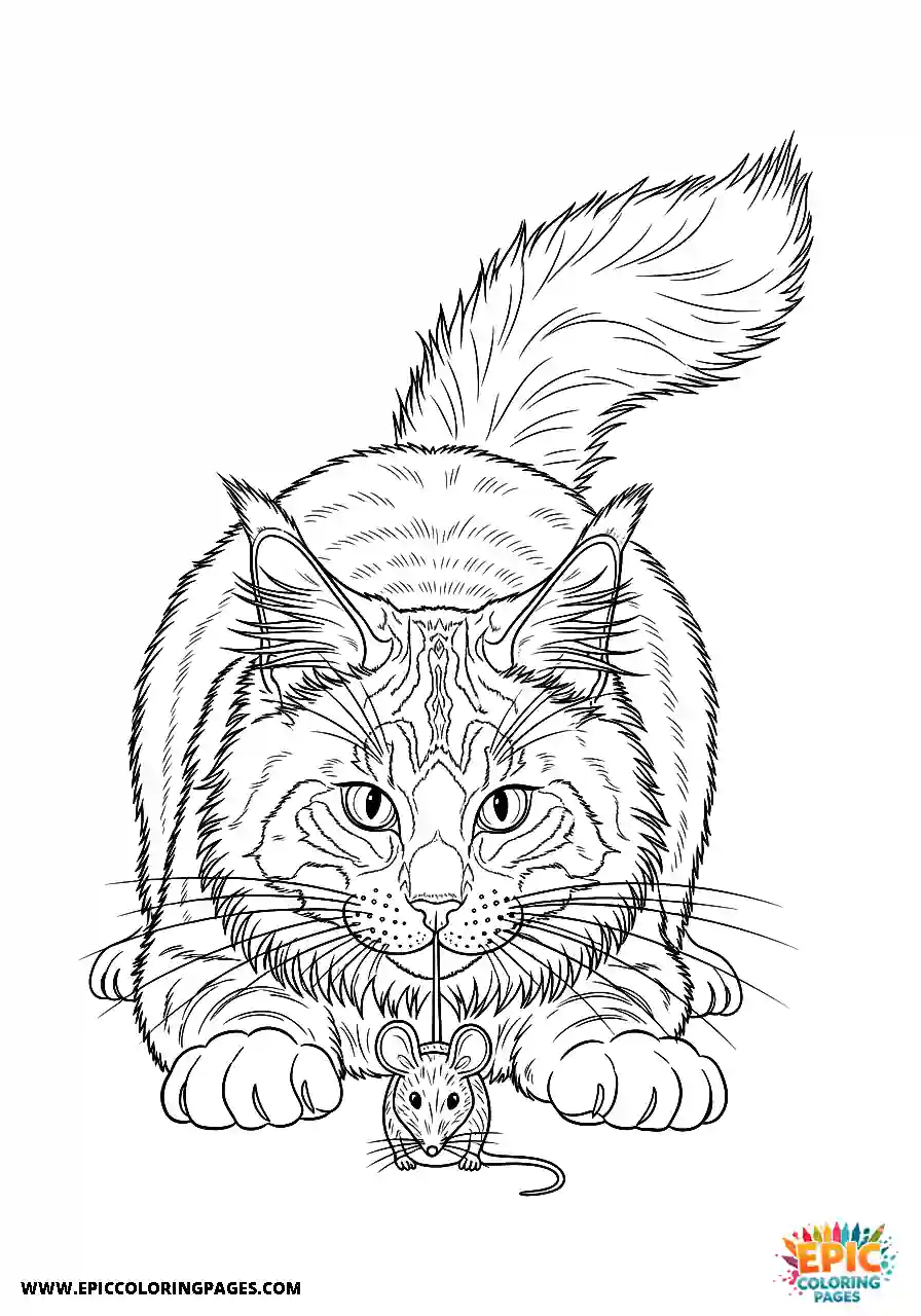 Realistic style maine Coon staring at a toy mouse