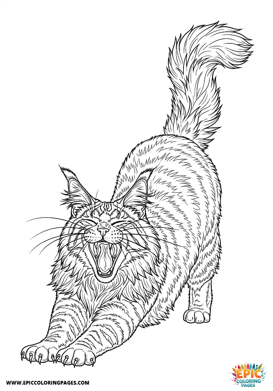 Maine Coon stretching out and yawning wide in realistic style