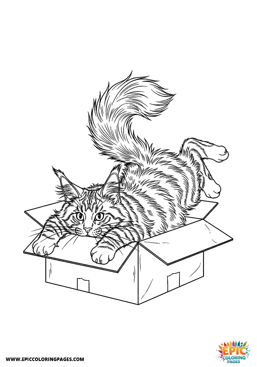 Maine Coon trying to fit into a small box in realistic style
