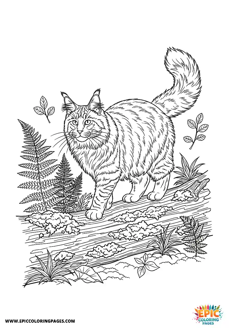 Realistic style maine Coon walking along a fallen log in the forest