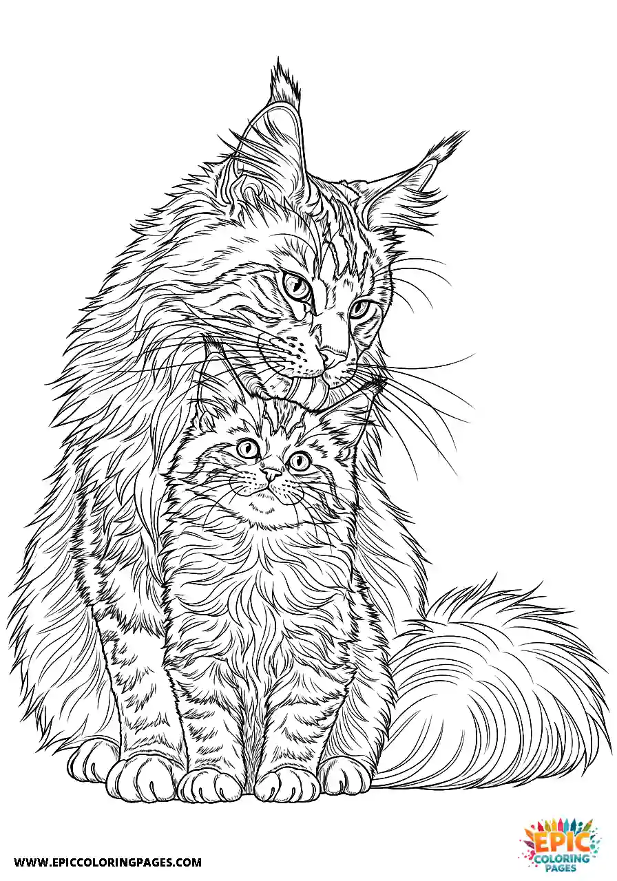 Mother Maine Coon grooming her kitten in realistic style
