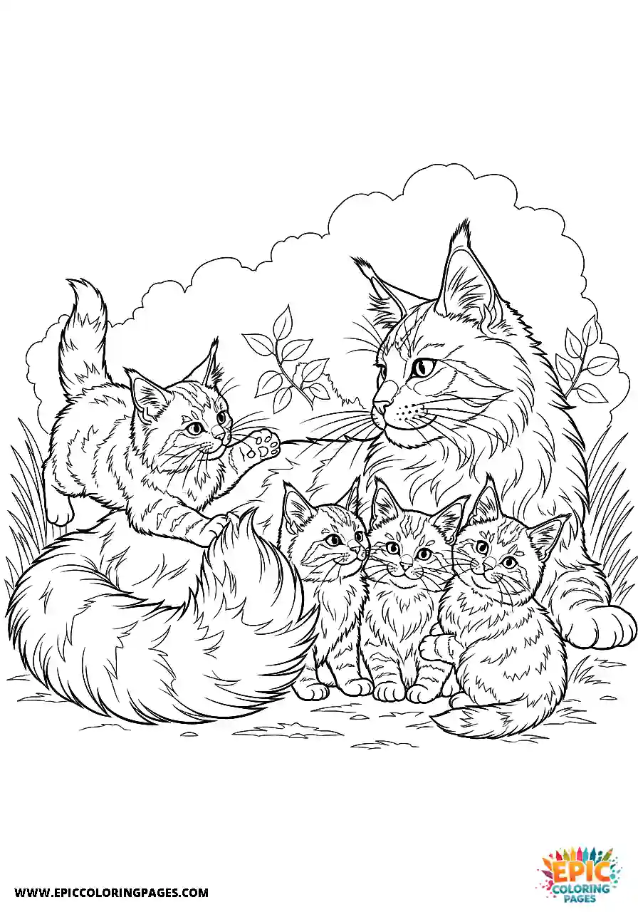 Mother Maine Coon standing with her kittens in realistic style