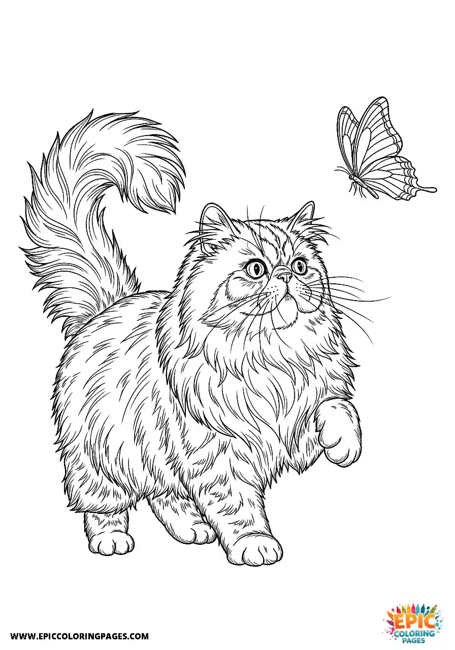 Persian Realistic Persian cat chasing a butterfly sketch for adults